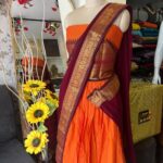 Elegant Orange & Maroon Pure Kanchi Cotton Half Saree with Elephant & Temple Motif Zari Border